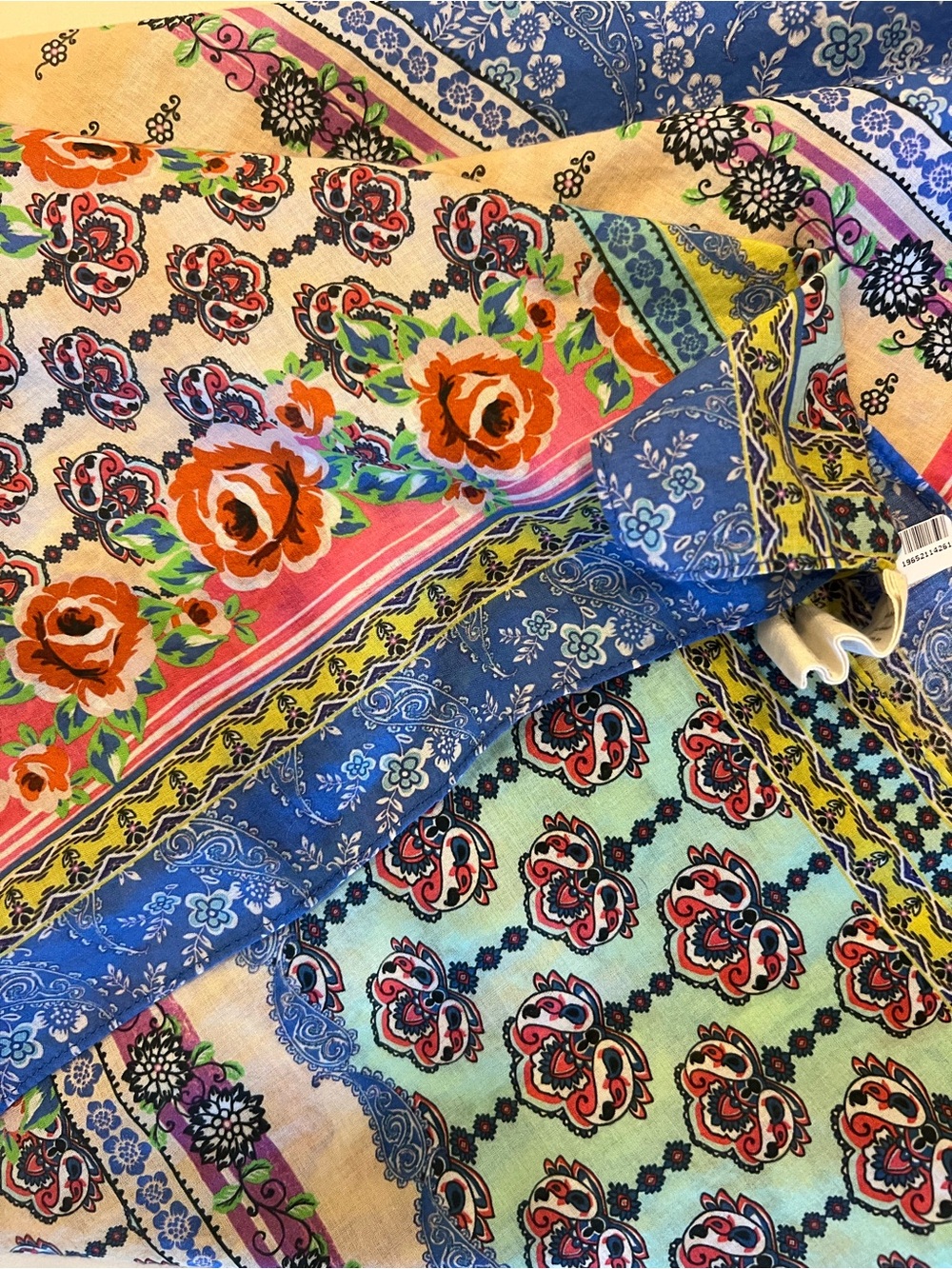 Johnny Was Scarf Blue Floral Boho with Navy and Turquoise Pattern